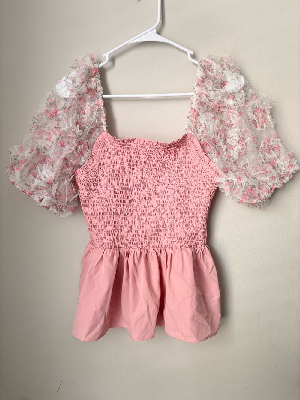February Pink Floral Puff Sleeve Smocked Peplum Top NWT Size S Cottagecore